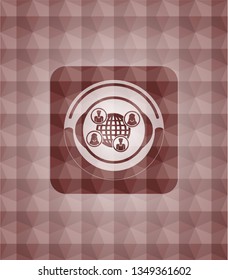 social network icon inside red badge with geometric pattern background. Seamless.