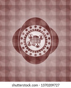 social network icon inside red emblem with geometric pattern. Seamless.