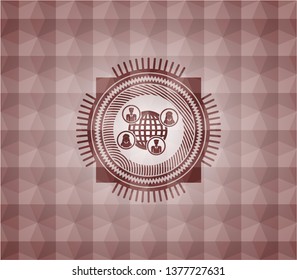 social network icon inside red seamless badge with geometric background.