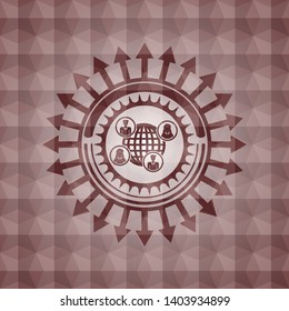 social network icon inside red seamless emblem or badge with abstract geometric pattern background.