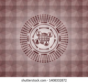 social network icon inside red emblem with geometric background. Seamless.