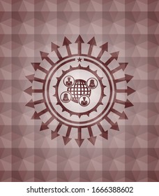social network icon inside red seamless badge with geometric background.
