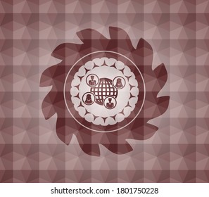 social network icon inside red seamless badge with geometric pattern. 