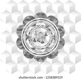 social network icon inside retro style grey emblem with geometric cube white background