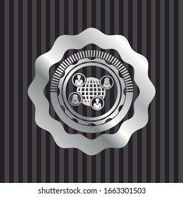 social network icon inside silvery emblem or badge