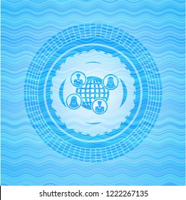social network icon inside sky blue water wave badge.