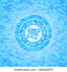 social network icon inside sky blue emblem with mosaic ecological style background