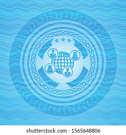 social network icon inside sky blue water badge background.