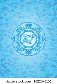 social network icon inside sky blue emblem. Mosaic background