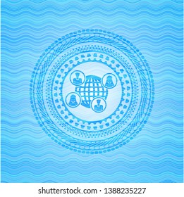 social network icon inside water wave style badge.