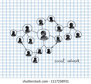 social network icon, people network on copybook background. an abstract social network scheme, which contains people icons connected to each other. hand drawn vector illustration.