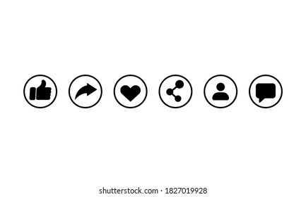 Social network icon set in black. Like, share, heart, follow, message sign. Vector EPS 10. Isolated on white background