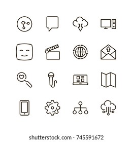 Social network icon set. Collection of high quality outline media pictograms in modern flat style. Black internet symbol for web design and mobile app on white background. Web line logo.