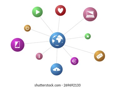 Social Network icon set. Connection concept, world map, Vector illustration.