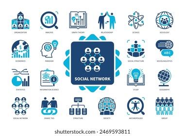 Social Network icon set. Dyadic Ties, Sociolinguistics, Paradigm, Structure, Information Science, Analysis, Statistics, Relationship. Duotone color solid icons