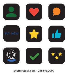 Social network icon set featuring diverse symbols for interaction and engagement activities. Coloured icons on a black background.