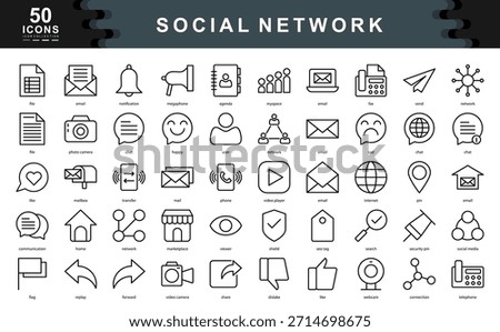 The Social Network icon set illustrates key elements of digital connection, real time communication, multimedia sharing, user interaction, and online community engagement.