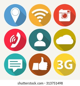 Social network icon set. Media network symbols in flat design with long shadow. Vector illustration.