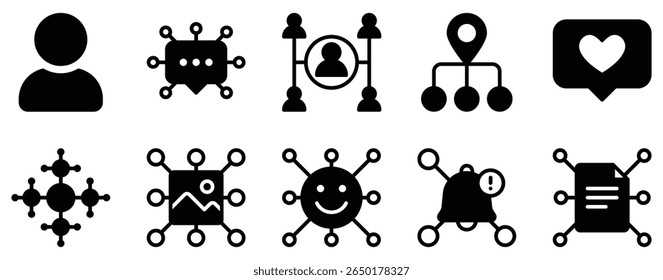 Social Network Icon Set Solid Style Collection representing online interactions and digital communication suitable for social media platforms community building and networking applications