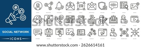 social network icon set. User Profile, Friends Connection, Mute Notifications, Event Invite, Group Chat, Message Notification, Privacy Options and Voice Message