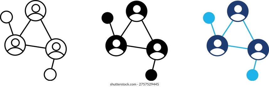 Social network icon showing user connections and community group mapping. Professional illustration for digital team collaboration, human resource management, social media platform networking, corporate organization structures, and global community membership.