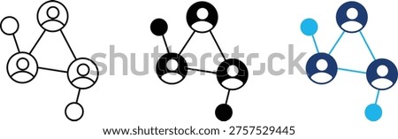 Social network icon showing user connections and community group mapping. Professional illustration for digital team collaboration, human resource management, social media platform networking, corporate organization structures, and global community membership.
