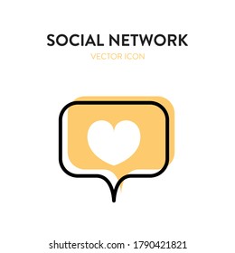 Icono de red social. Ilustración vectorial de la burbuja de mensajes con símbolo cardíaco. Representa el concepto de redes sociales, me gusta, reposteos, comunicación en línea, compartir información en línea