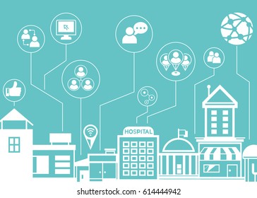 social network icons with city skyline background