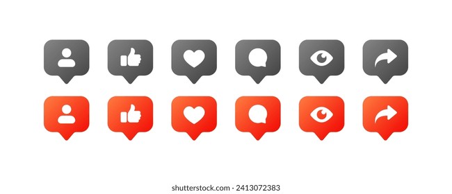 Social network icons. Different styles, man icon, thumbs up, heart, speech bubble, eyes, arrows for social networks. Vector icons