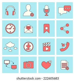 Social network icons flat line set with website elements isolated vector illustration