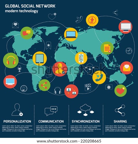 Social network icons flat set with world map and internet elements isolated vector illustration