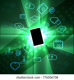 Social network. Icons fly over the phone. Vector illustration.