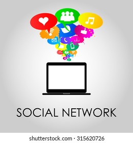 Social network icons on different colors thought bubbles with laptop. Vector 