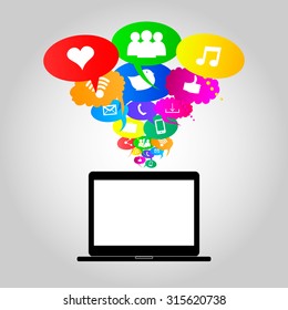 Social network icons on different colors thought bubbles with laptop. Vector 