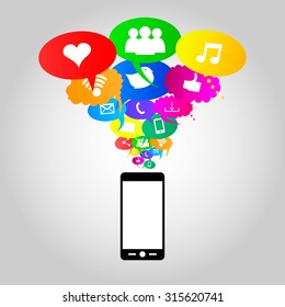 Social network icons on different colors thought bubbles with mobile phone. Vector 