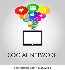 Social network icons on different colors of thought bubbles with mobile phone. Vector 