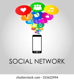 Social network icons on different colors of thought bubbles with mobile phone. Vector 