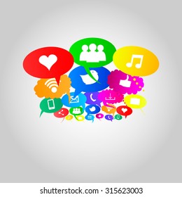 Social network icons on different colors of thought bubbles, vector illustration