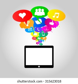 Social network icons on different colors of thought bubbles with mobile device. Vector 