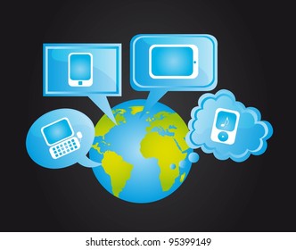 social network icons over thought bubbles and earth. vector