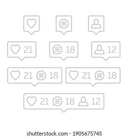 Social Network Icons Pack. Like, Comment, Follow. Notification Tooltip With Heart, User, Speech Bubble, Counter.