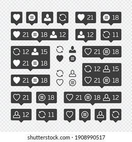 Social network icons pack on white background. Like, comment, follow and repost. Notification Tooltip with heart, user, speech bubble, counter. Social network icons pack. 