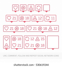 Social network icons pack on white background. Like, comment, follow and repost. Notification Tooltip with heart, user, speech bubble, counter.