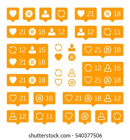 Social network icons pack on white background. Like, comment, follow and repost. Notification Tooltip with heart, user, speech bubble, counter. Orange social network icons pack. 