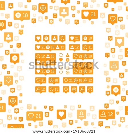 Social network icons pack on white background. Like, comment, follow and repost. Notification Tooltip with heart, user, speech bubble, counter. Orange social network icons pack. 