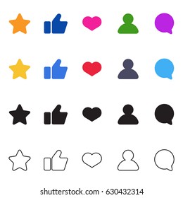 Social network icons set. Like, follower and comment symbols. Different styles icons. Flat, outline, filled icons.
