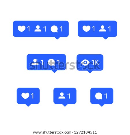 Social network icons set, tooltips, speech bubbles, likes, followers and subscribers and comments, vector illustration