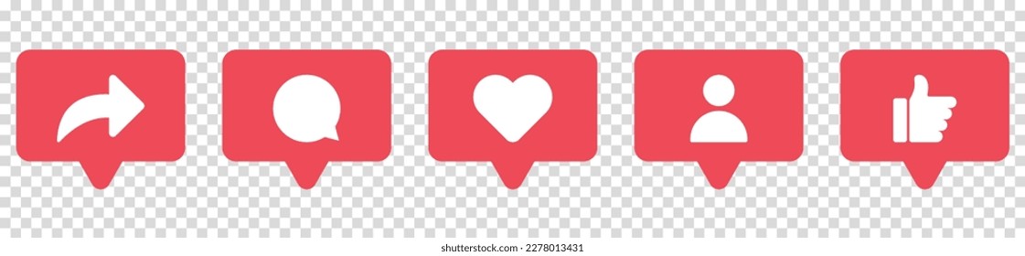 Social network icons. Share, comment, like, love, follow, thumbs up icons. Vector illustration isolated on transparent background