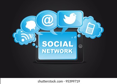 Social Network Icons With Tablet Over Black Background. Vector