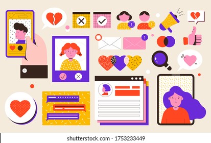 Social network illustration and icons set. People communicate on social networks. Modern style vector illustration.